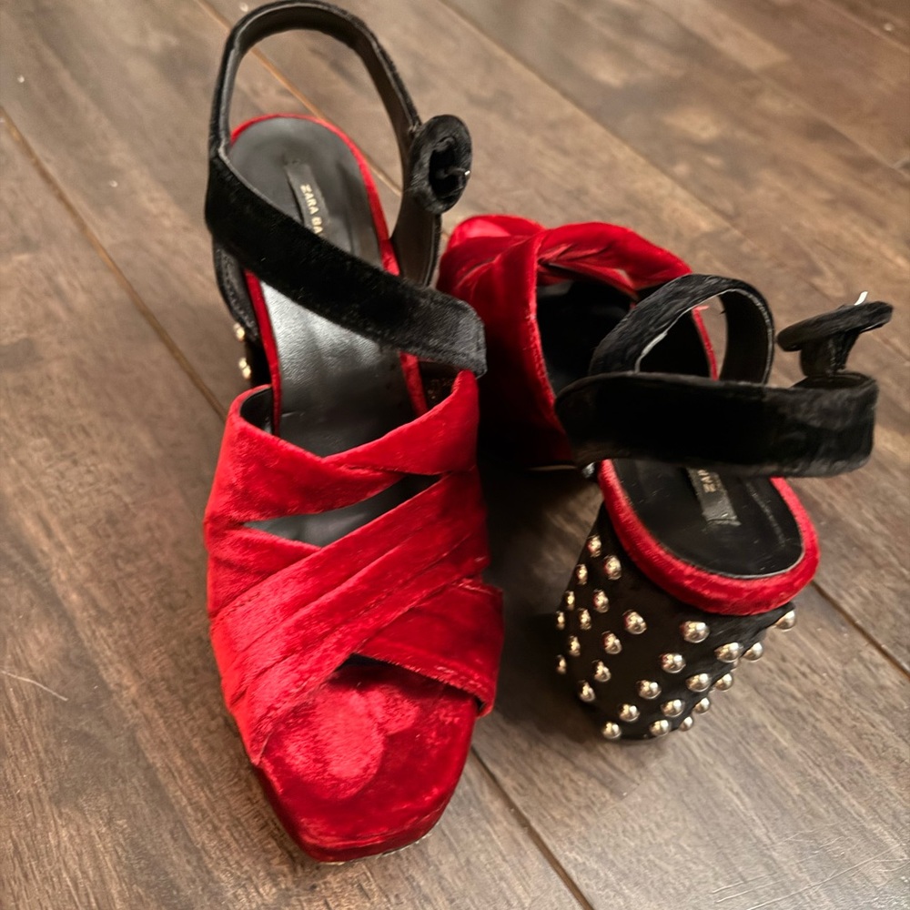 Zara Red and Black Velvet Platform Heels